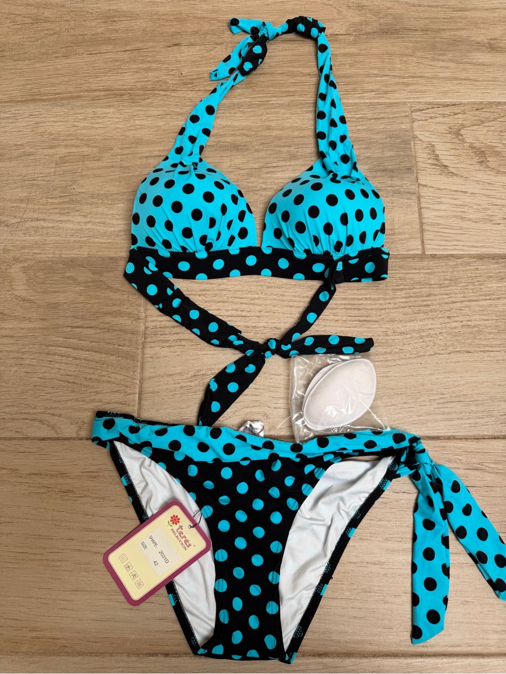 Turquoise and Black Polka Dot Halter Bikini Set